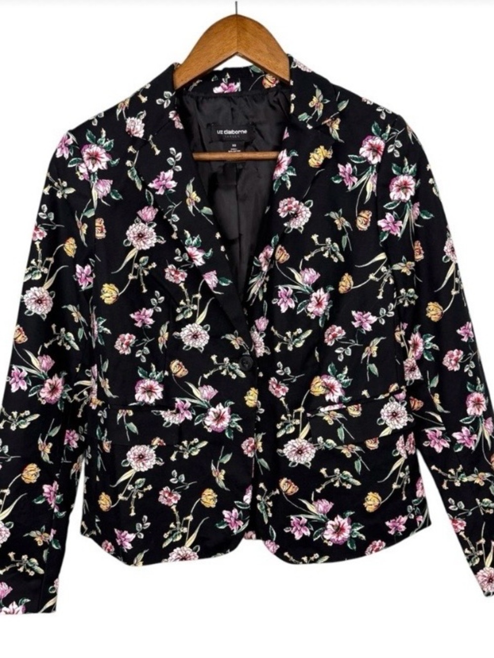 Liz Claiborne Black Floral Blazer with Pink & Cream Blooms
